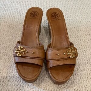 Tory Burch Tan Leather Logo Wedge Mules